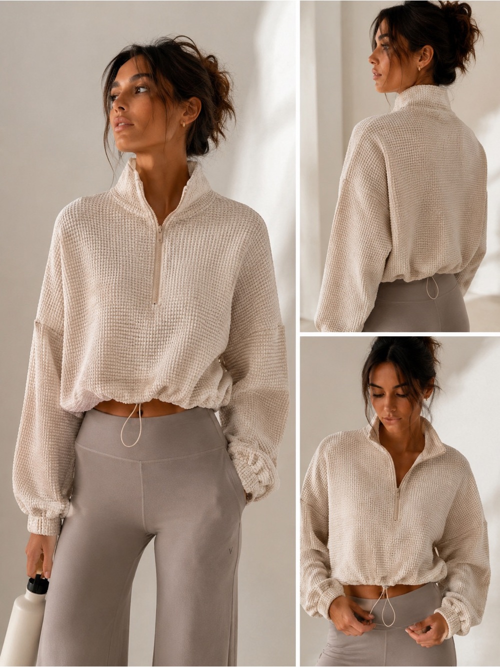 SHEIN Cream Waffle Half-Zip Mock Neck Crop Sweater Dolman Sleeve Lightweight